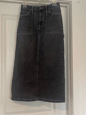 love, Fire Black Denim Midi Skirt with Front Patch Pockets and Back Slit